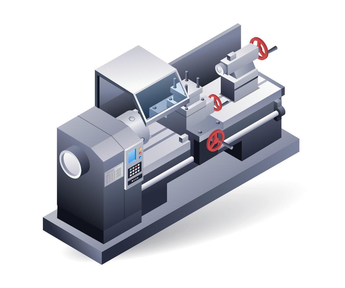 Manual lathe, flat isometric 3d illustration vector