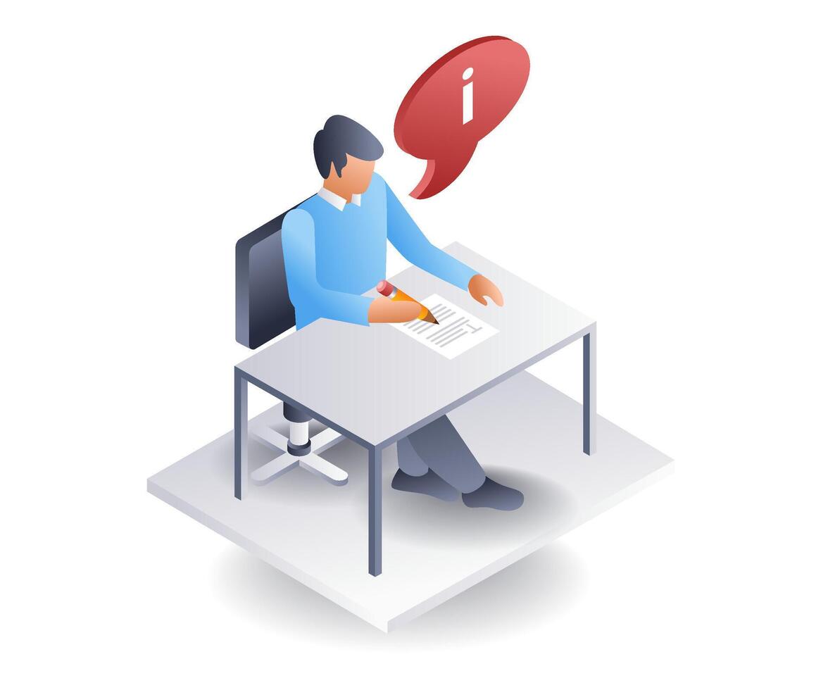 Man writing information on paper, flat isometric 3d illustration vector