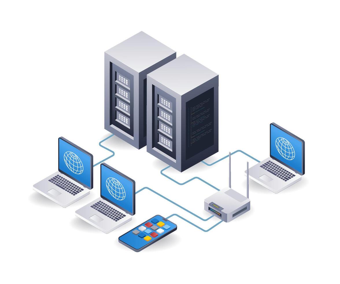 Network router tethering internet server computer concept, flat isometric 3d illustration vector