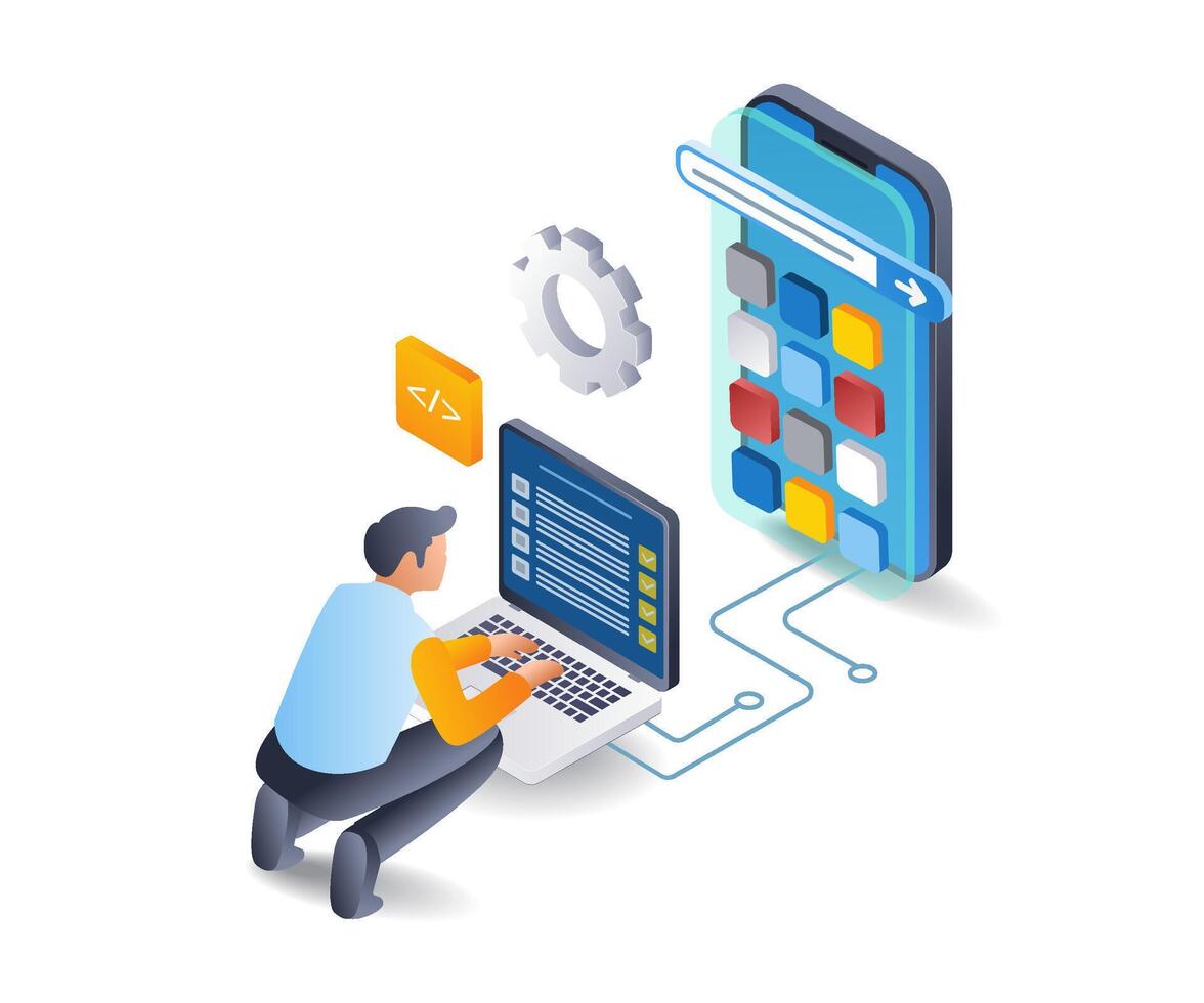Man building smartphone application, flat isometric 3d illustration vector