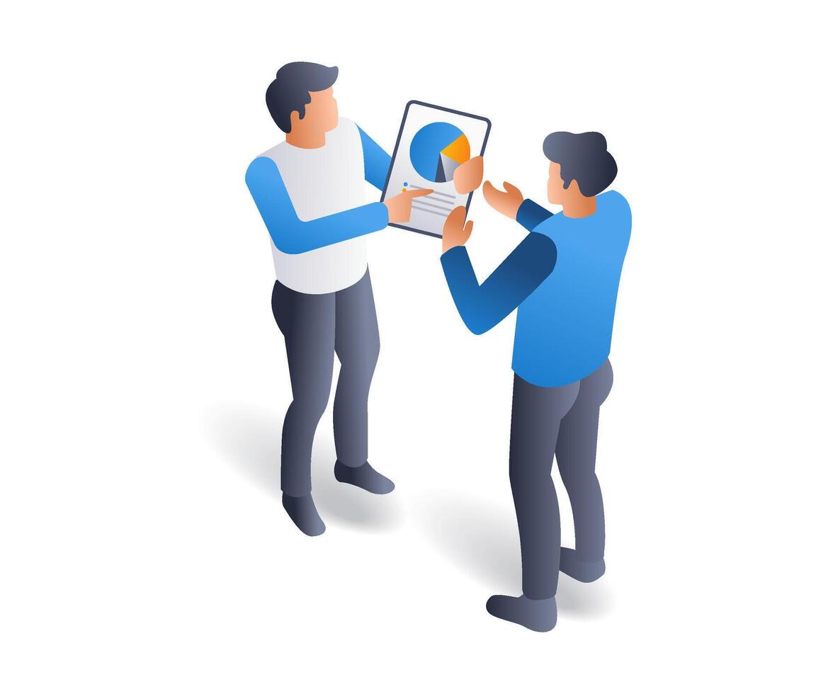 Man showing business development analysis, flat isometric 3d illustration vector