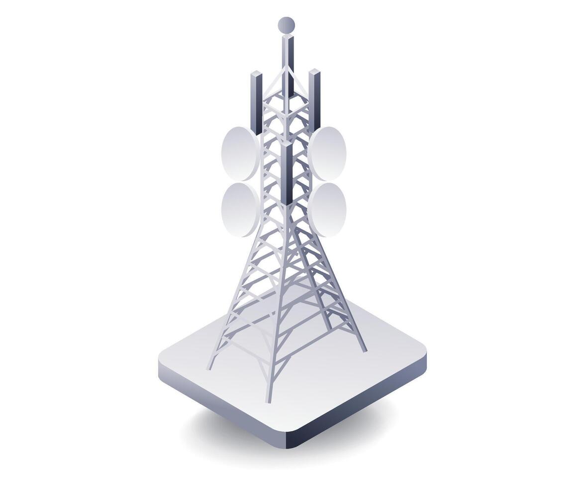Information technology network tower concept, flat isometric 3d illustration vector