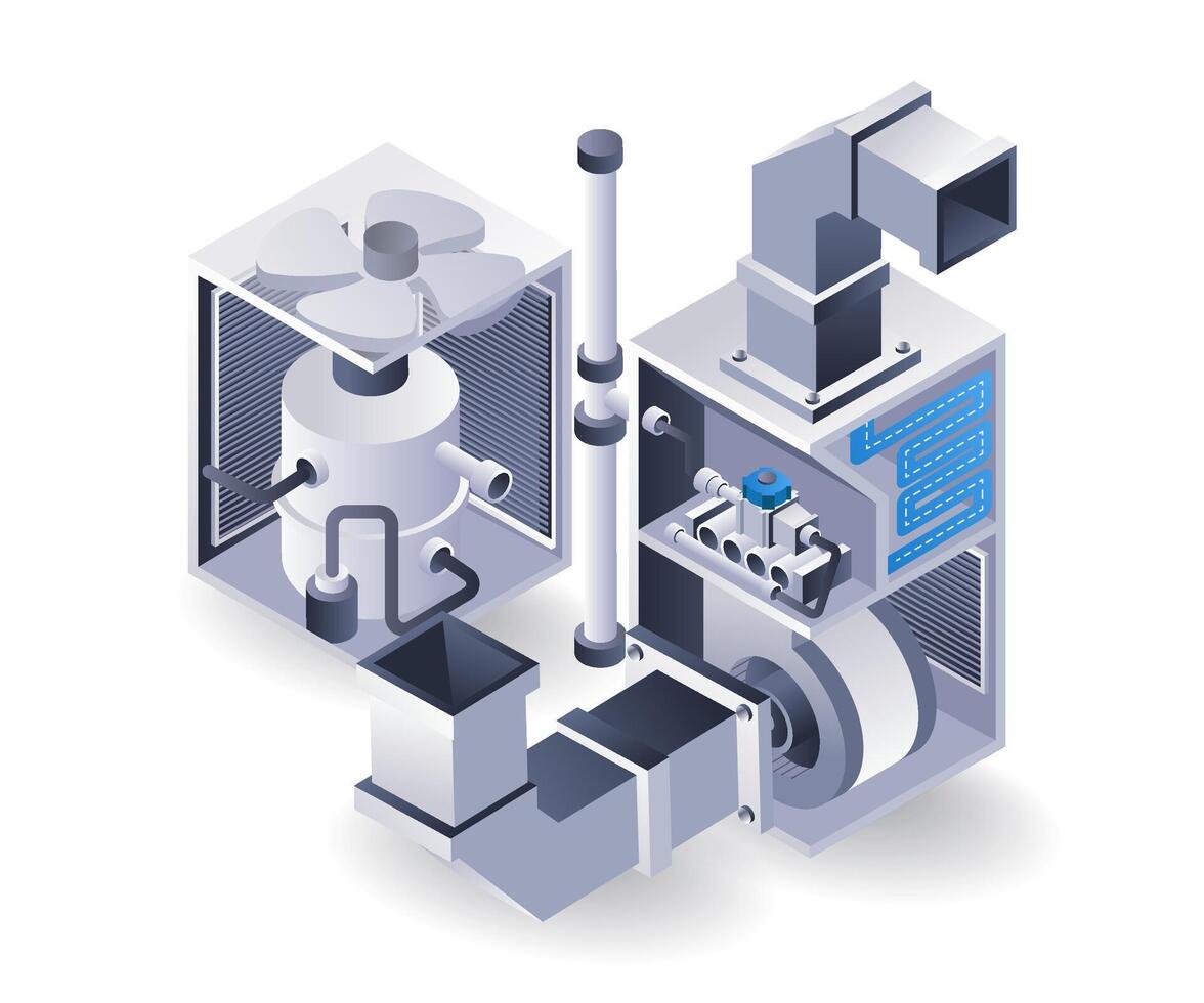 hvac concepto cansada y consumo soplador sistema isométrica 3d ilustración vector