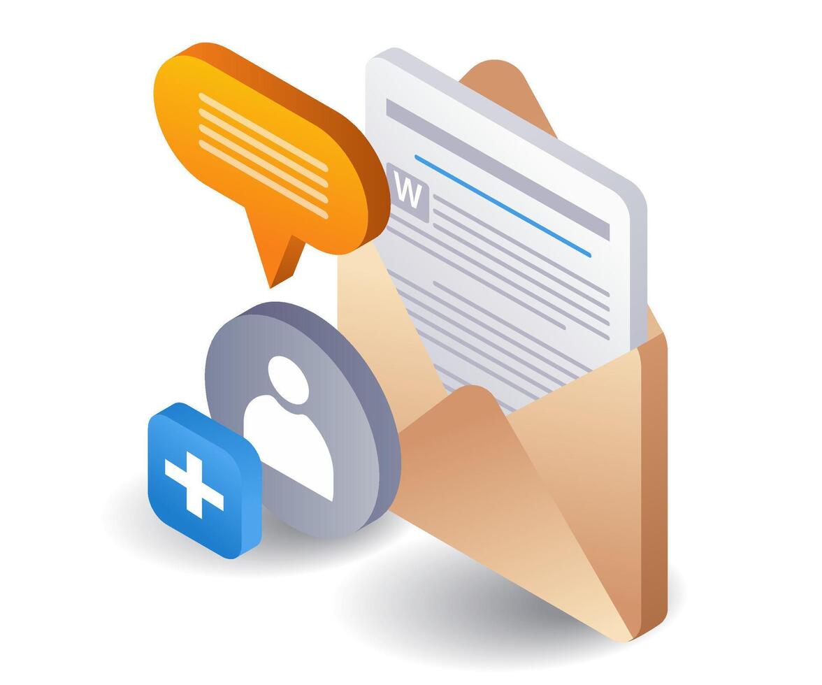 Email inviting new followers, flat isometric 3d illustration vector