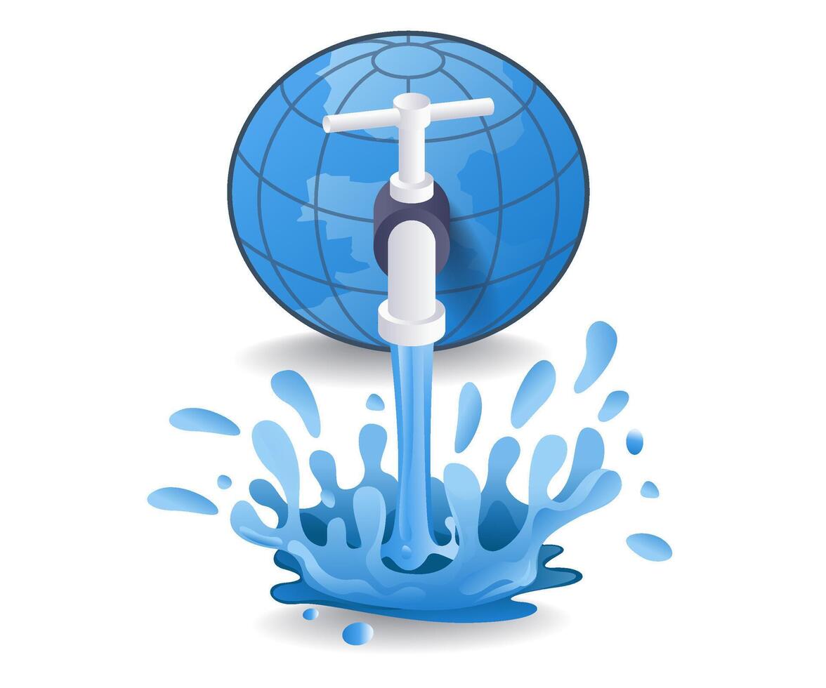 Faucet releases water from the earth, flat isometric 3d illustration vector