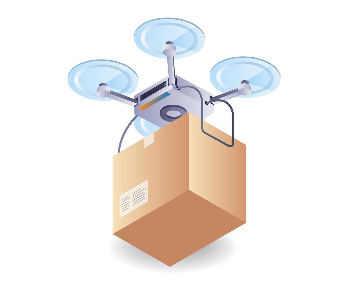 Drone delivering packages, flat isometric 3d illustration vector