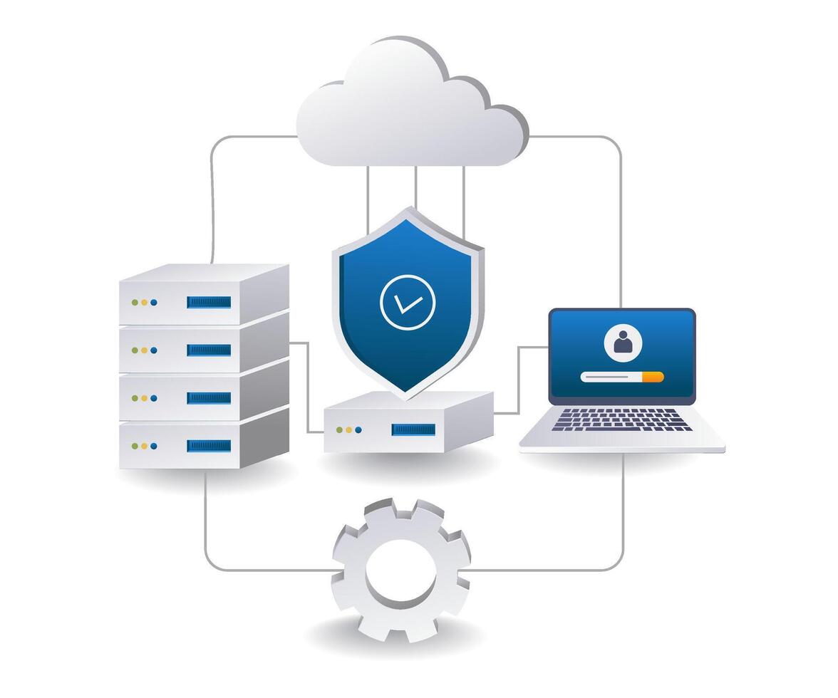 End point security data cloud server management flat isometric 3d illustration vector