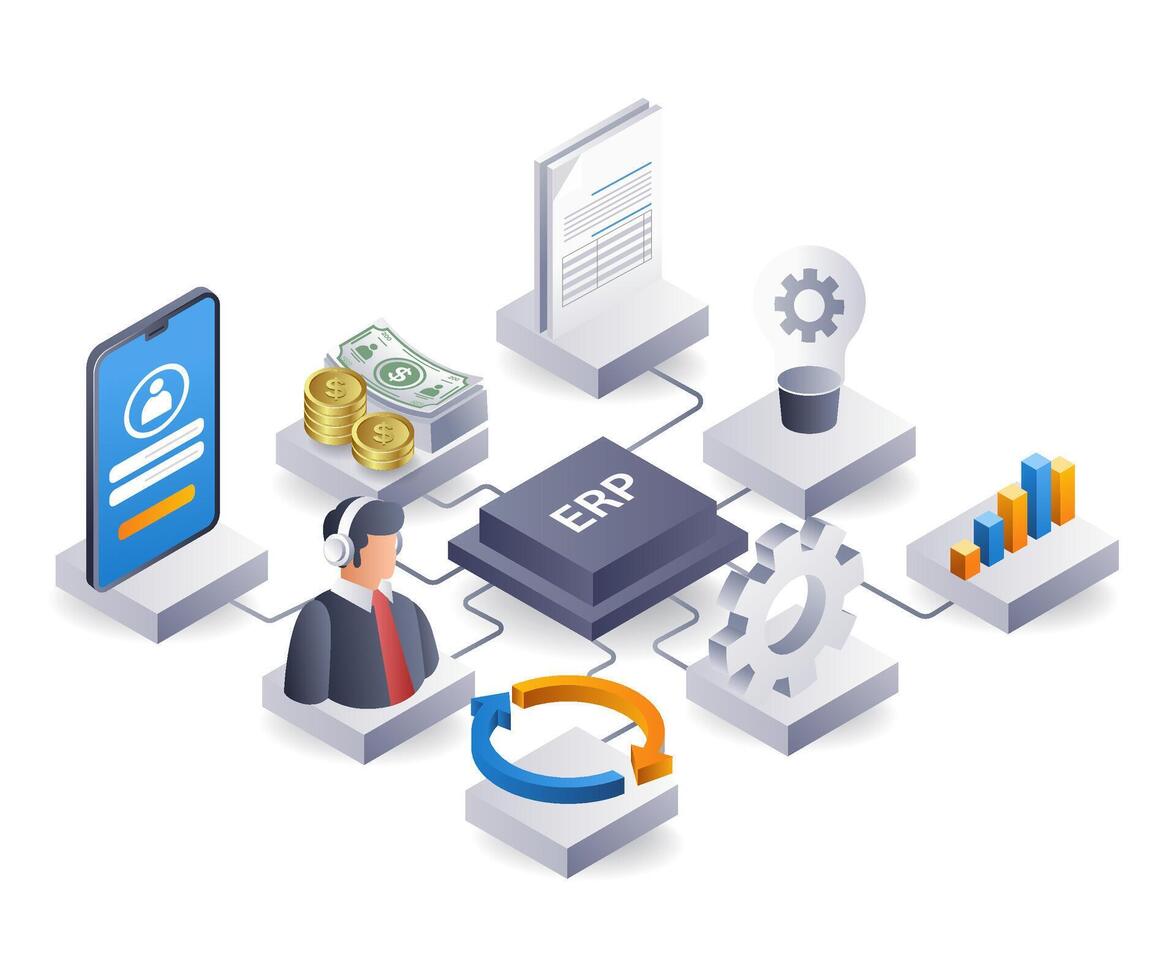 ERP business company management, flat isometric 3d illustration vector