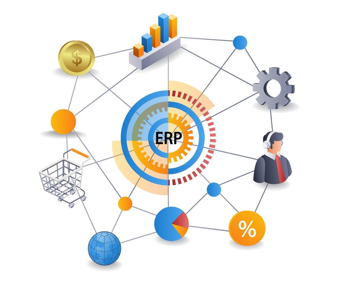ERP network management business company, flat isometric 3d illustration vector