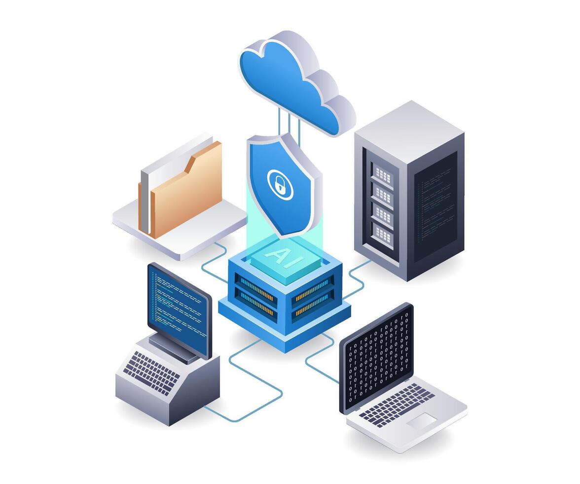 End point data security cloud server technology concept, flat isometric 3d illustration vector