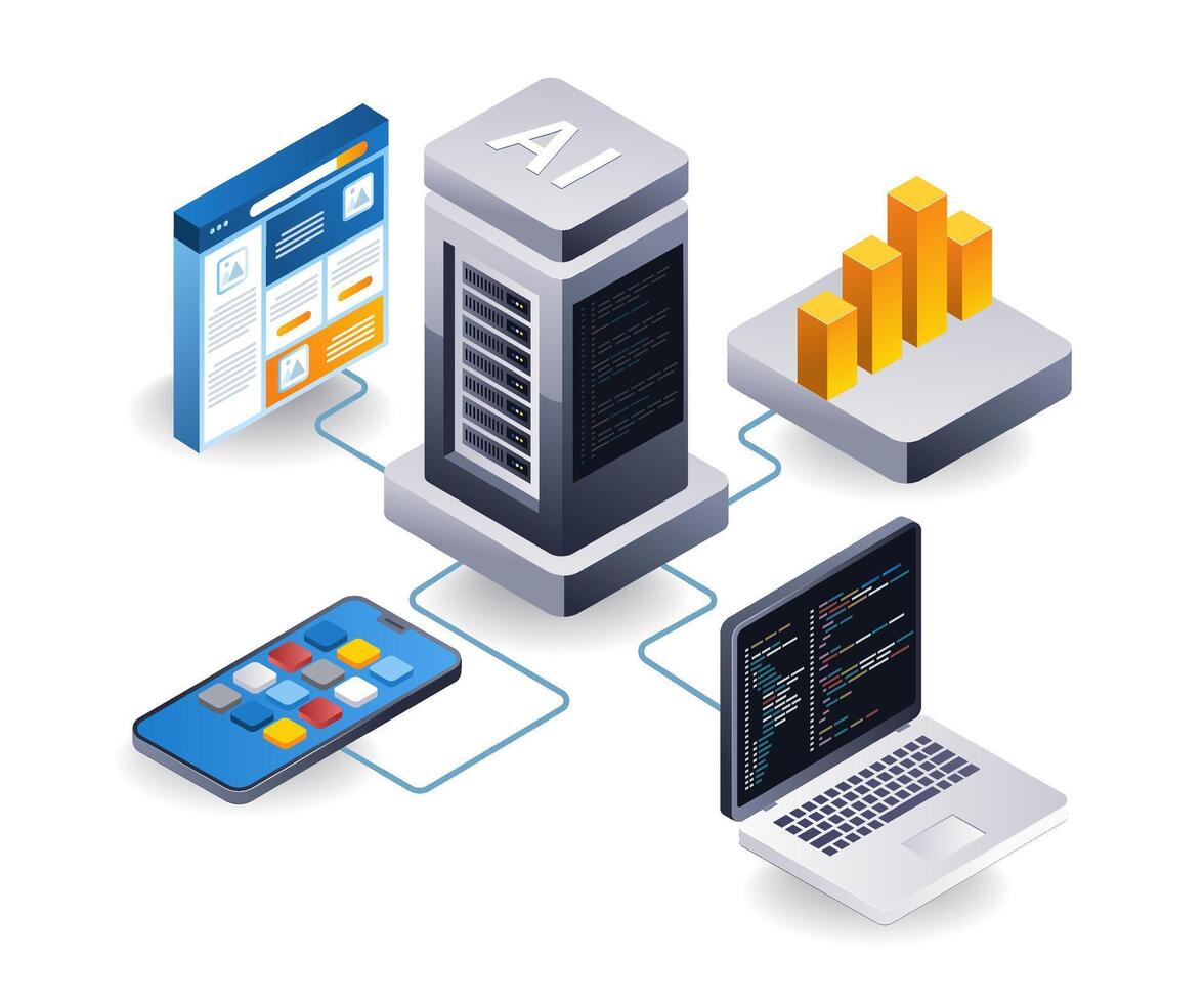 Cloud server web application developer, flat isometric 3d illustration vector