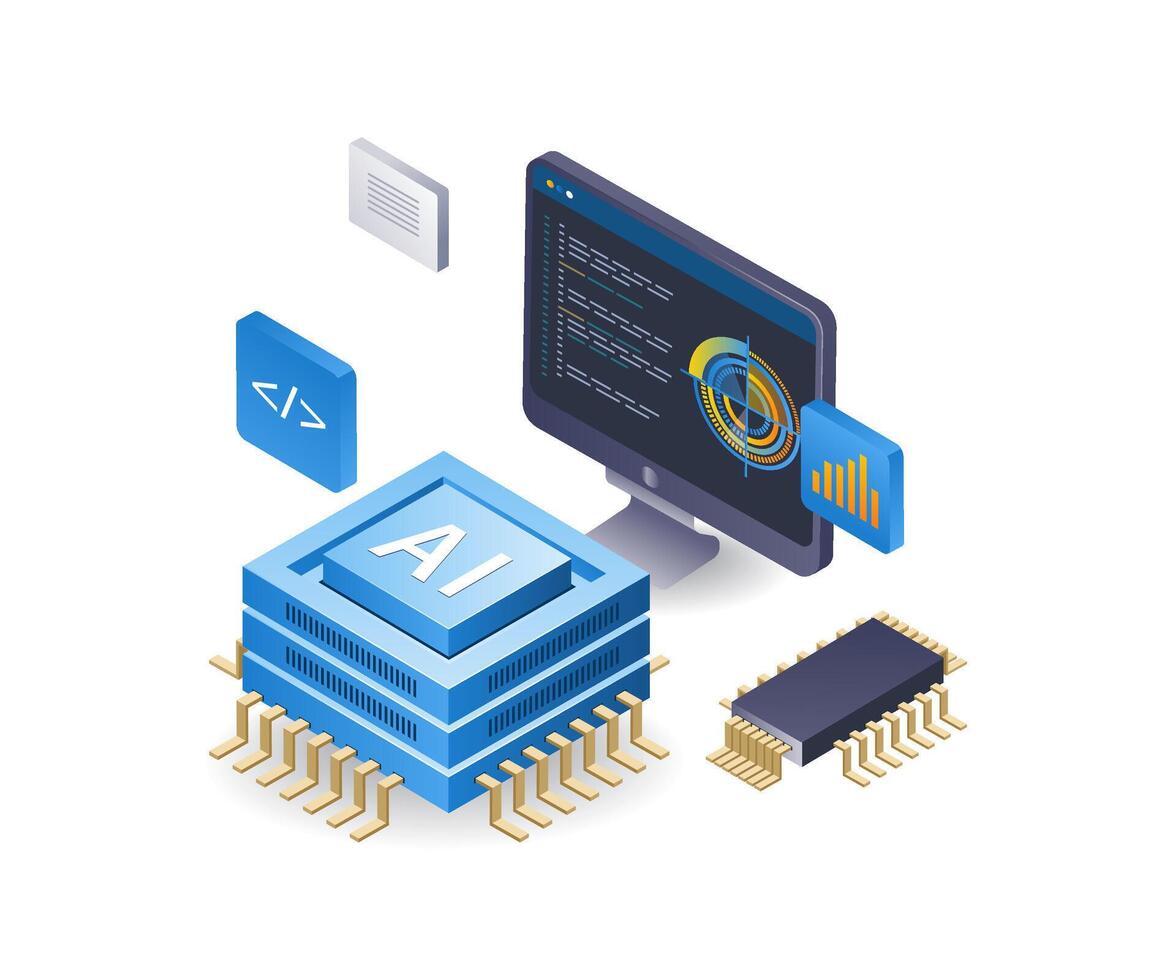 Computer programmer with artificial intelligence product, flat isometric 3d illustration vector