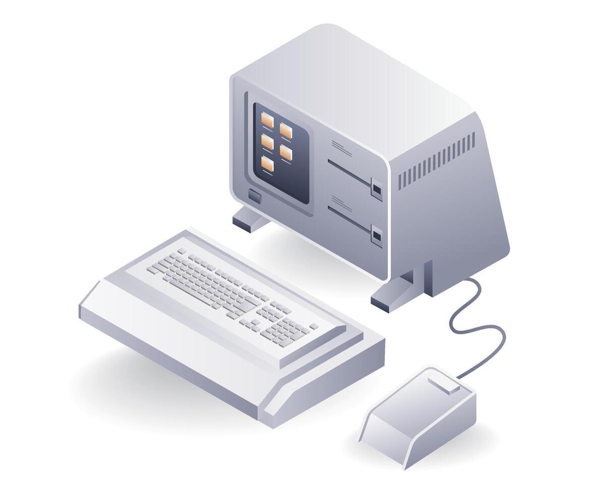 Computer technology old vintage concept, flat isometric 3d illustration vector