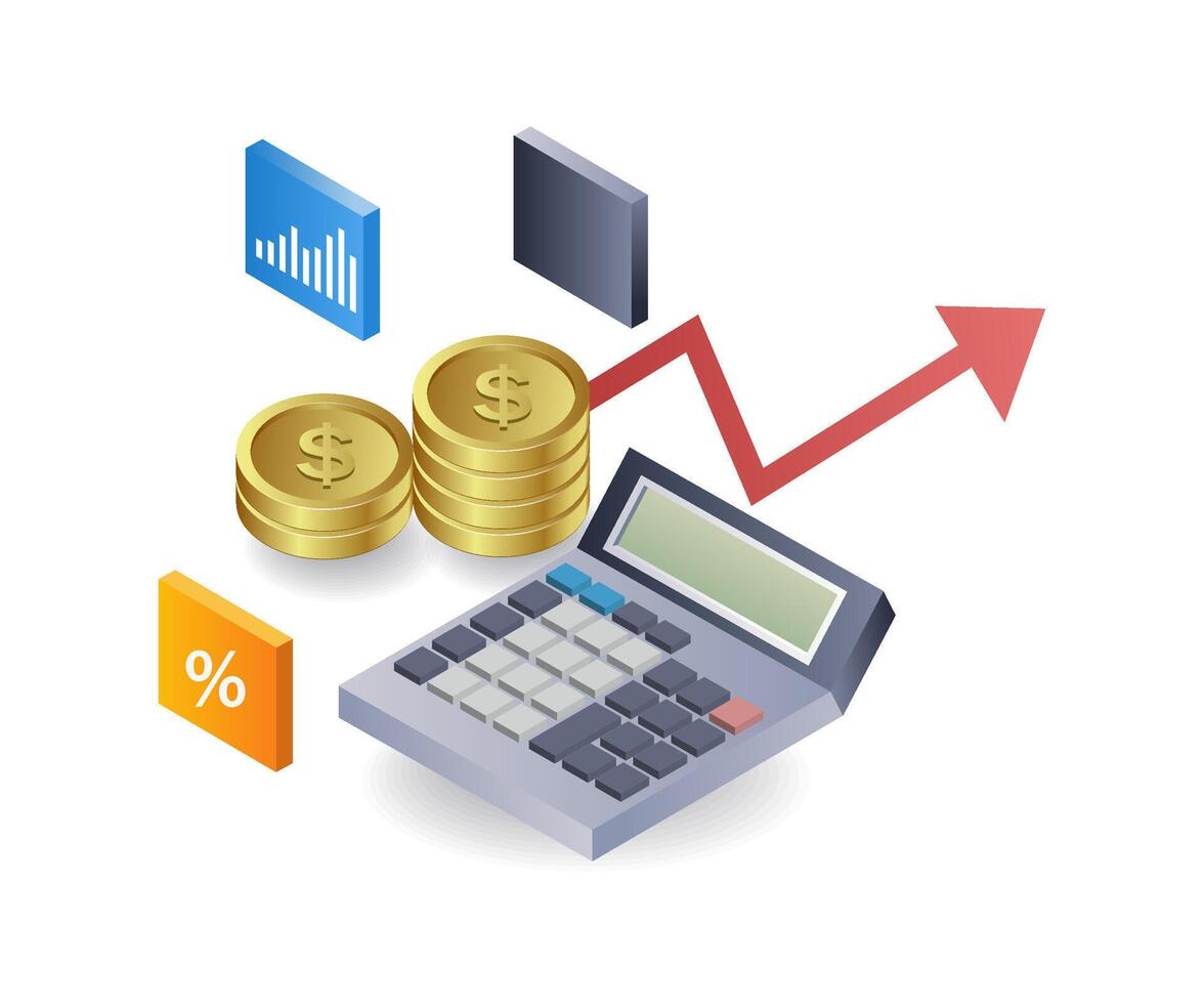 Calculating business income results flat isometric 3d illustration vector