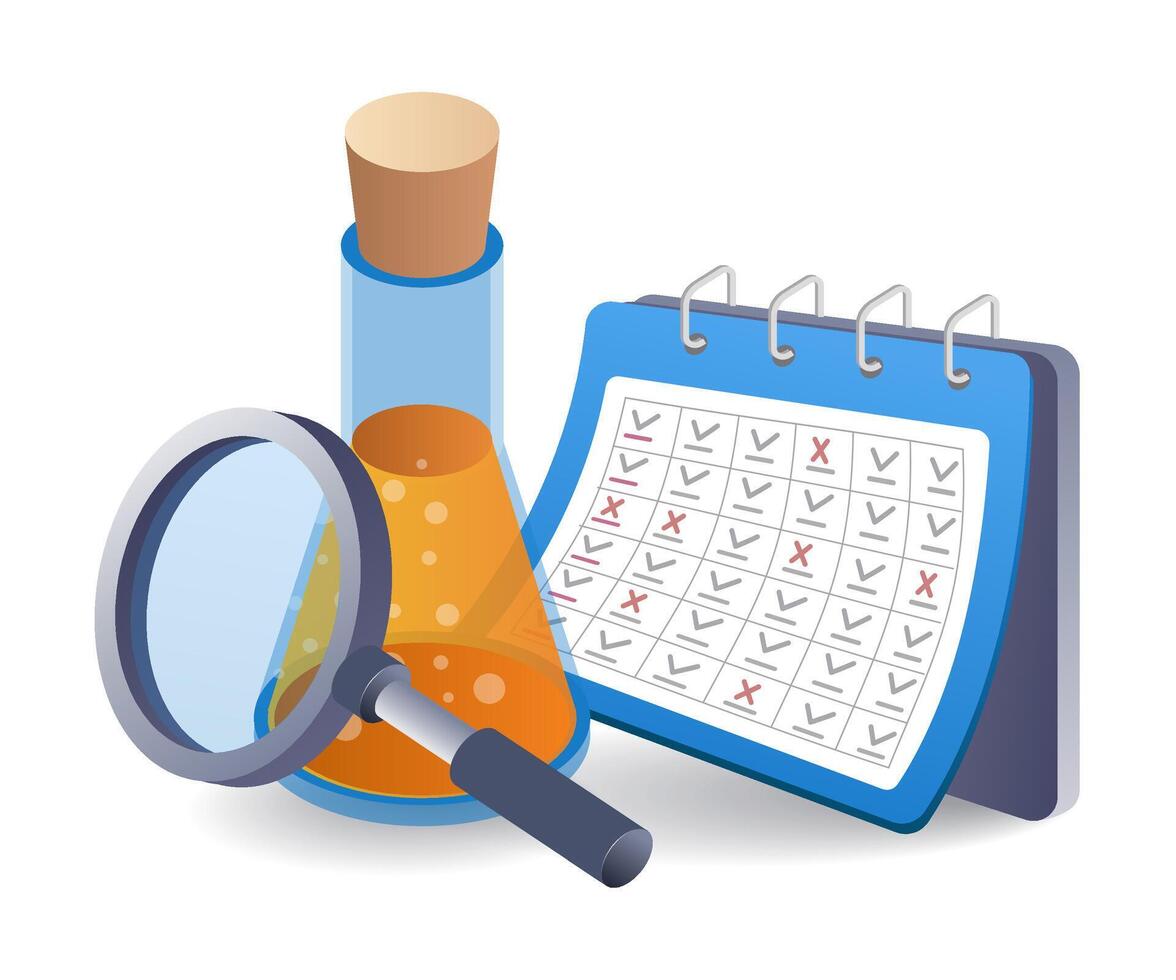 Check mark of laboratory experiment results flat isometric 3d illustration vector