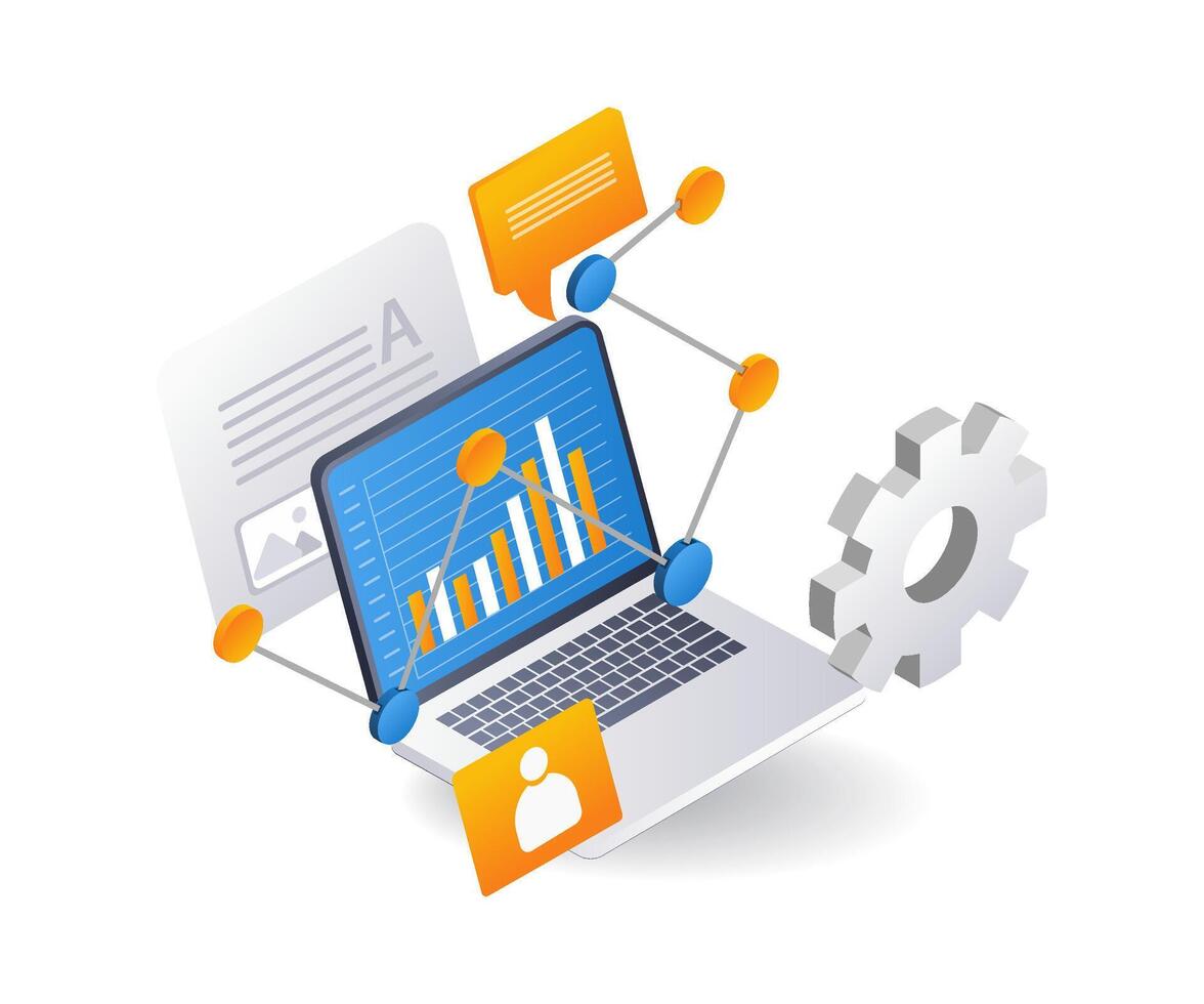 negocio desarrollo analista datos proceso plano isométrica 3d ilustración vector