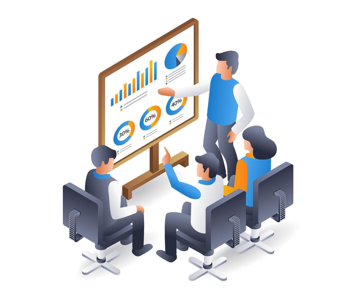 Boss is presenting business analysis, flat isometric 3d illustration vector
