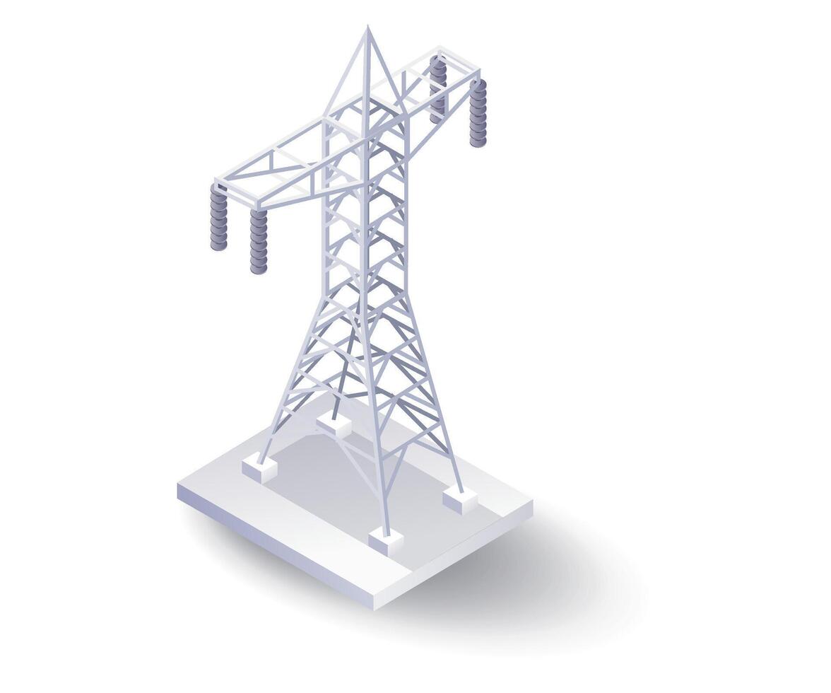 Aerial power line pole technology flat isometric illustration vector