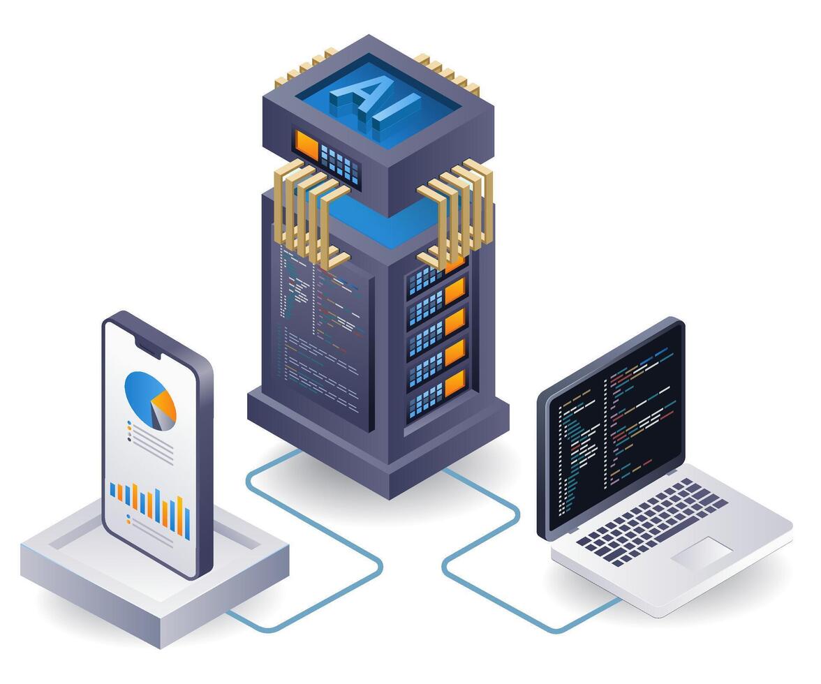 Artificial intelligence smartpon analyst cloud server, flat isometric 3d illustration vector