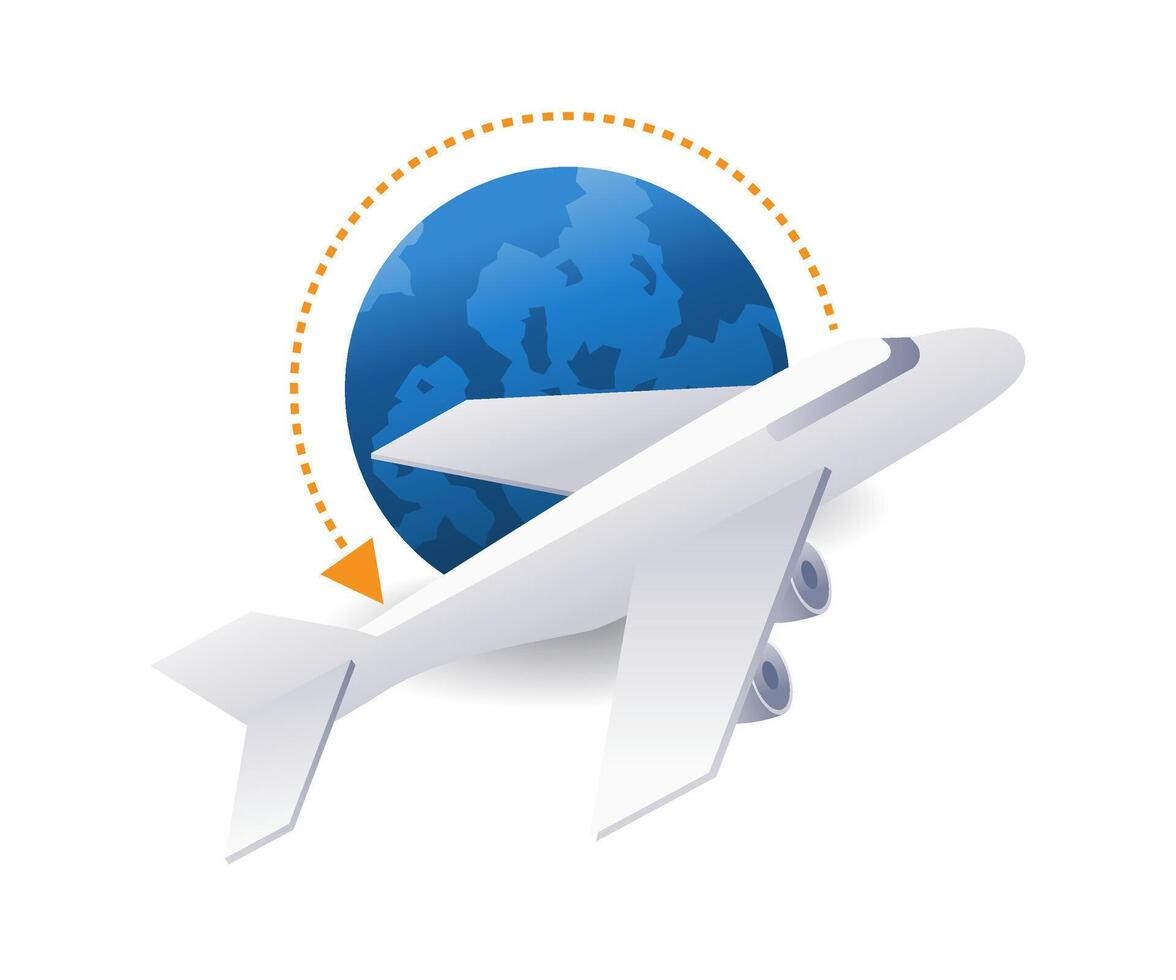 Airplane flying around the earth flat isometric 3d illustration vector