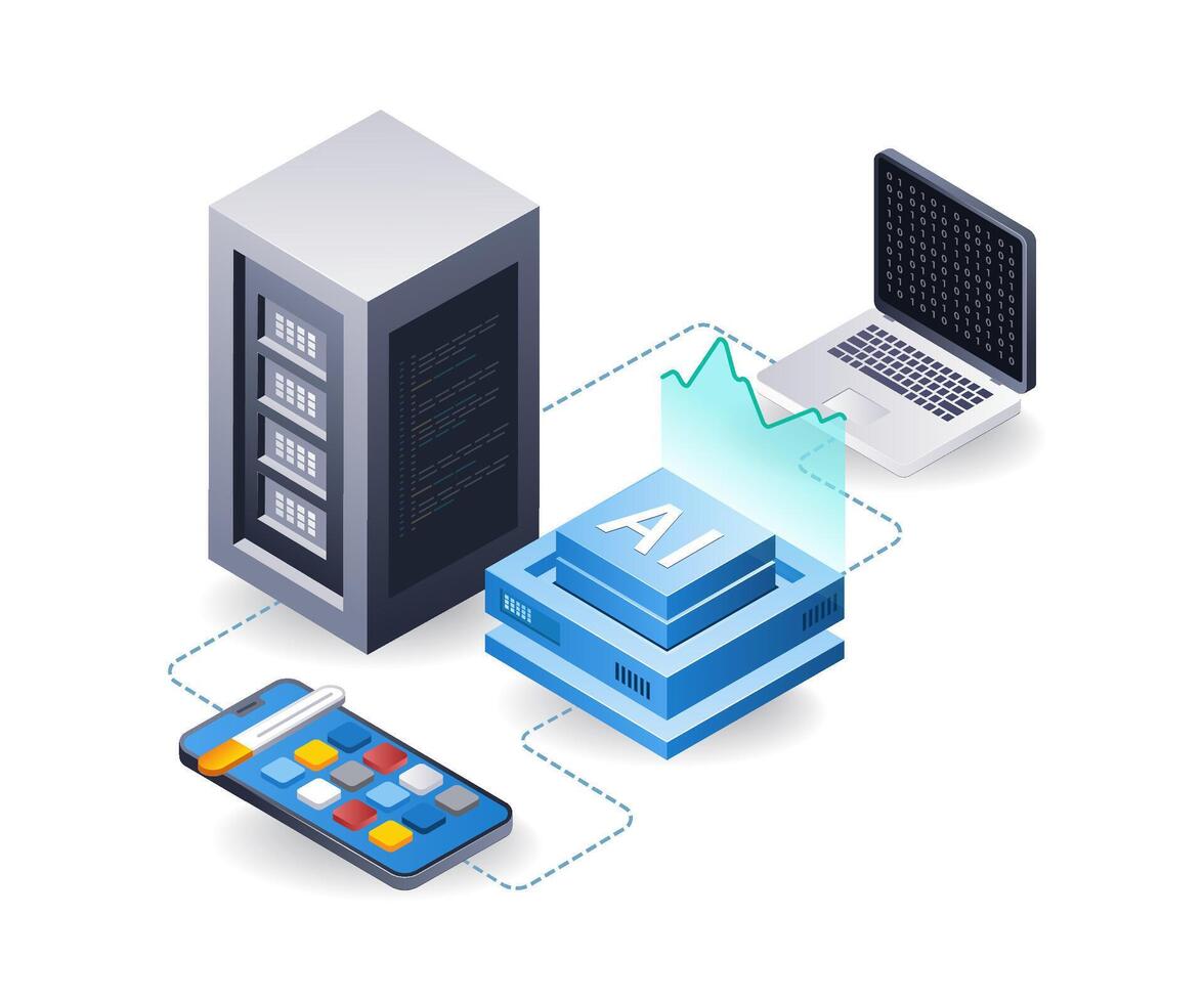 Artificial intelligence analysis server, flat isometric 3d illustration vector