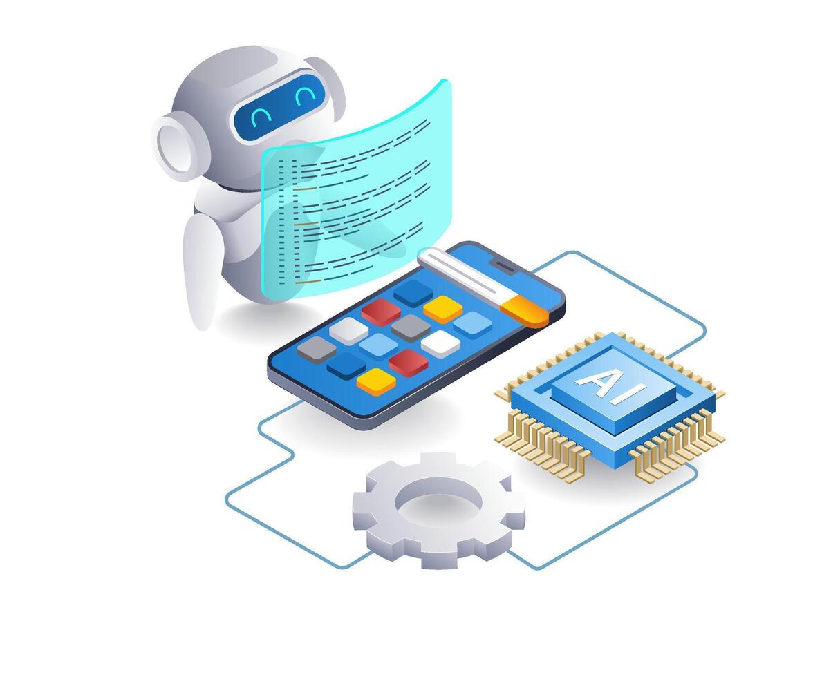 AI robot builds smartphone application, flat isometric 3d illustration vector