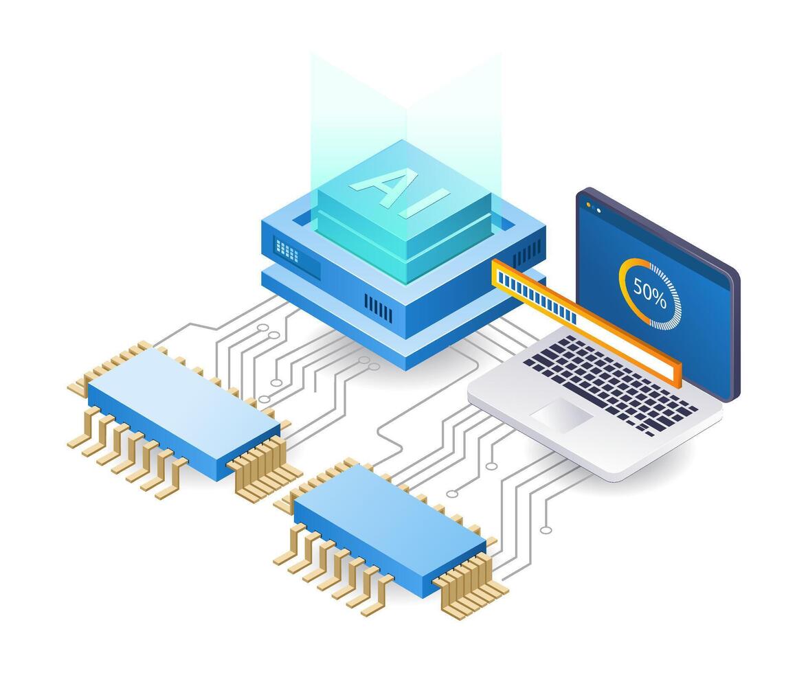 artificial inteligencia datos análisis velocidad, plano isométrica 3d ilustración vector