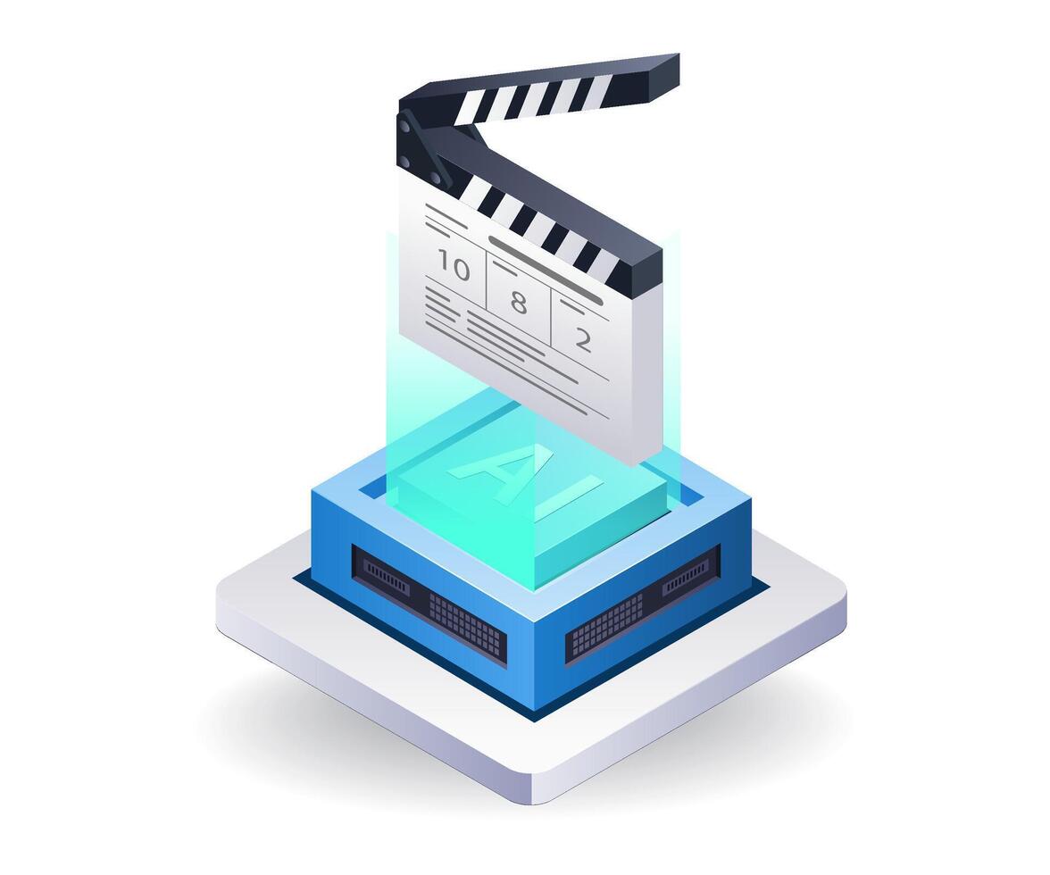 Artificial intelligence creates movie content, flat isometric 3d illustration vector