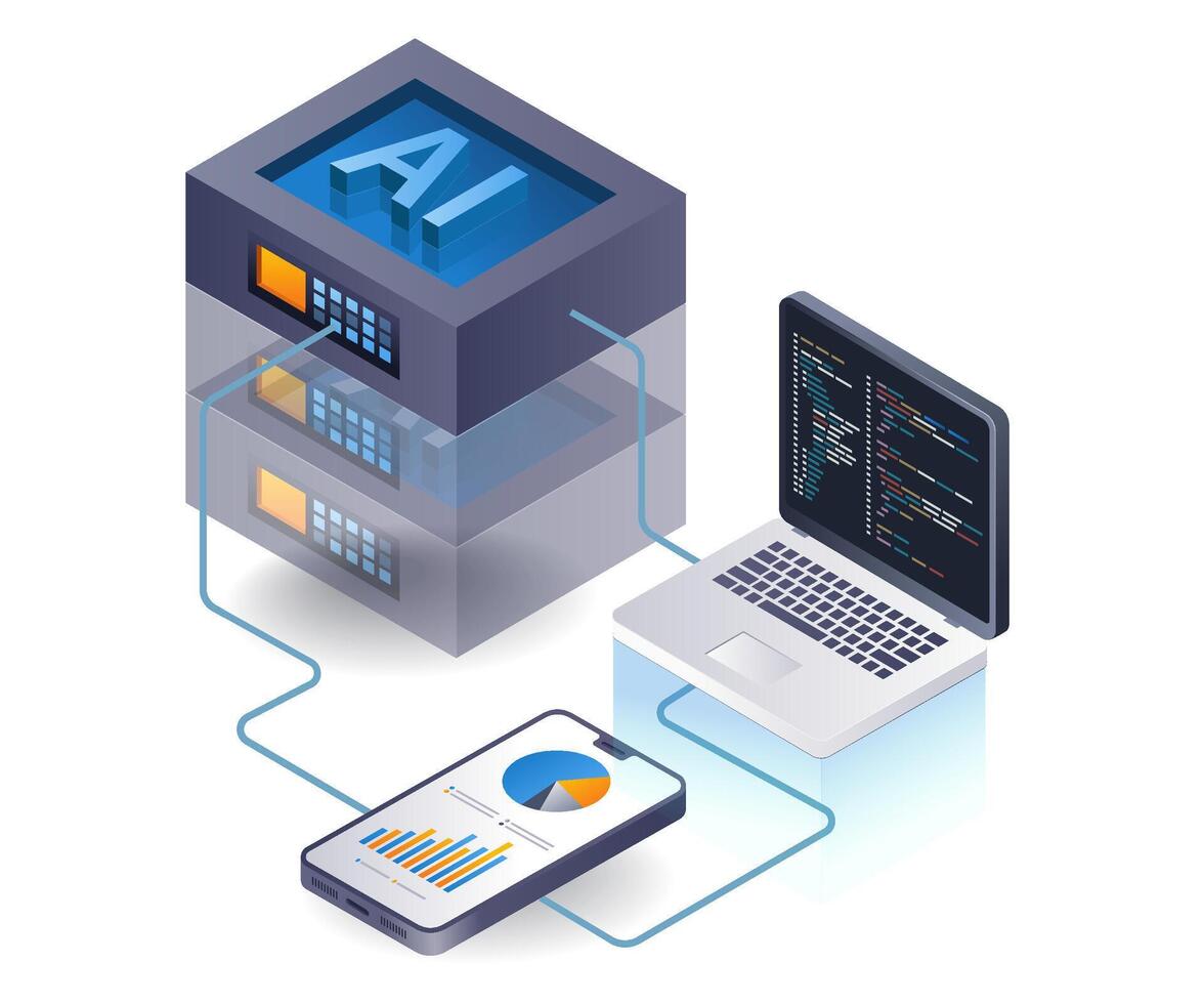 Artificial intelligence cloud server programmer analysis, flat isometric 3d illustration vector