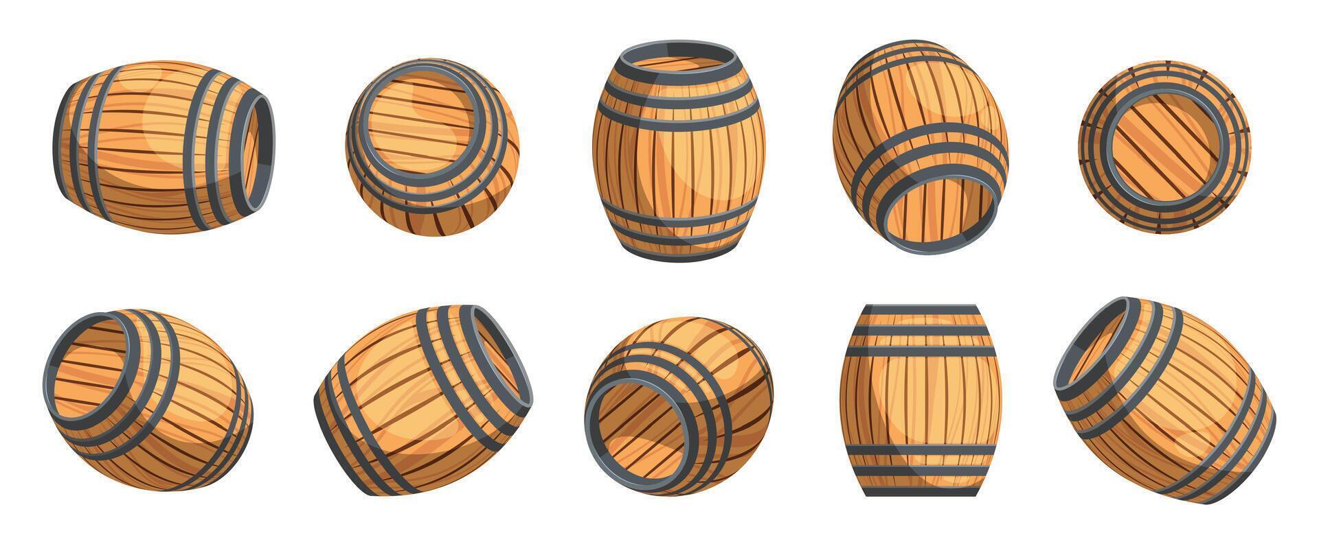 Cartoon wooden barrels. Stack of old oak kegs and casks with rum, whisky, wine and beer, traditional brewery and pub equipment. Vector flat set