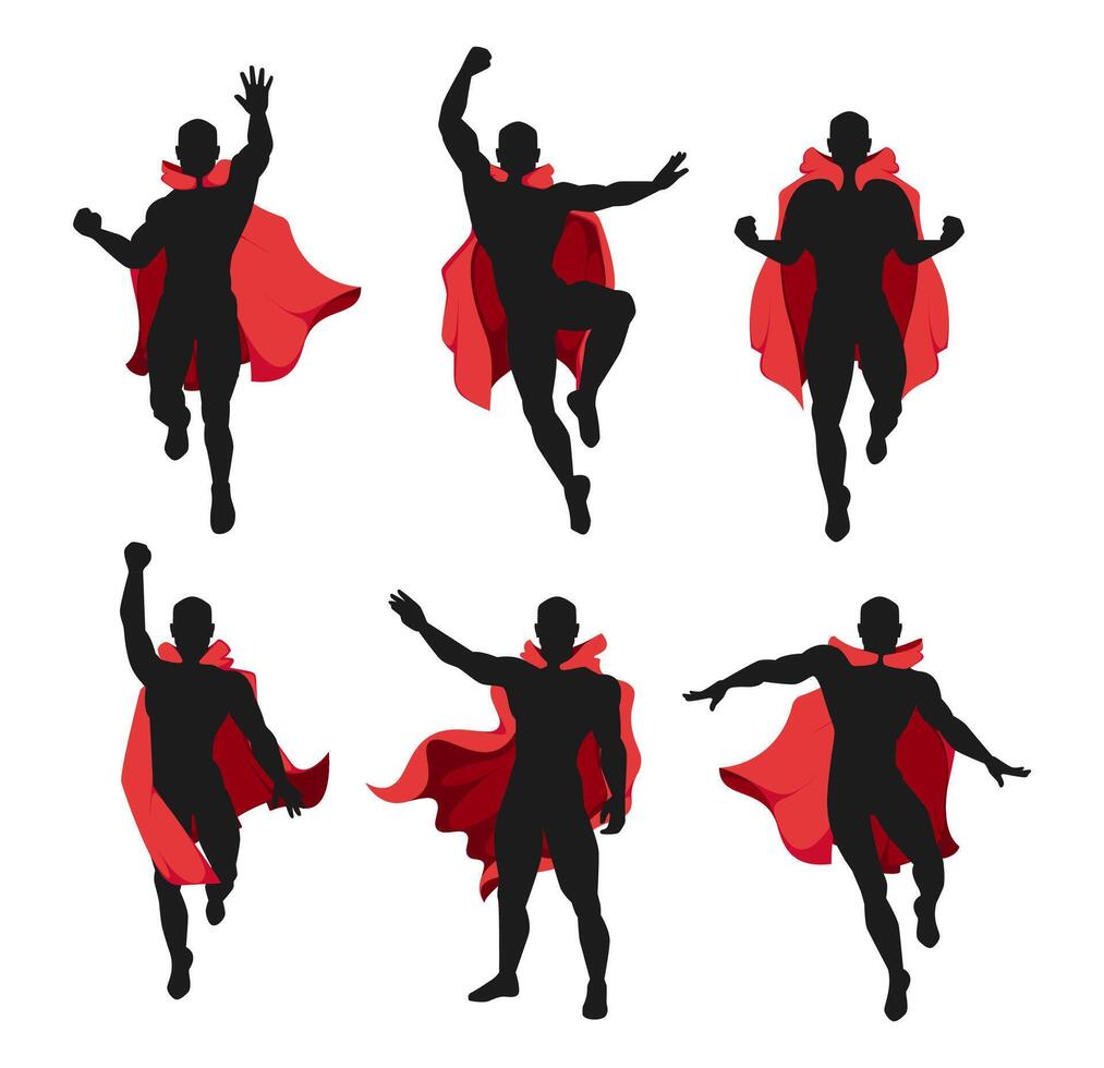 Superhero man in red cloak. Cartoon muscular male characters in disguise costumes with capes, flying and fighting. Vector isolated set