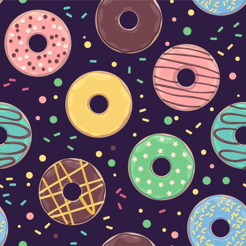 Donut pattern. Seamless print of round sweet bakery dessert with hole, cartoon cute sugar cake with chocolate glaze and sprinkles. Vector texture