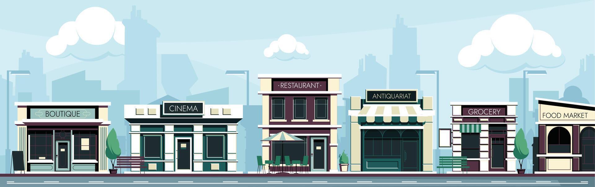 Shopping street. Cartoon city street with stores and cafe, sidewalk with trees and benches, urban landscape with storefronts. Vector illustration
