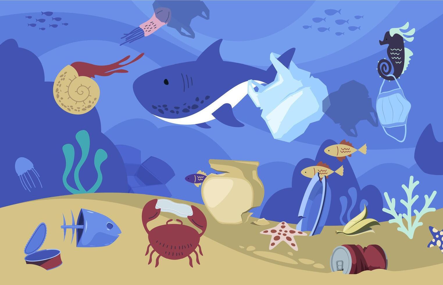 Cartoon underwater garbadge. Sea marine wildlife polluted with plastic waste, ocean animals with plastic straws and bags. Vector illustration