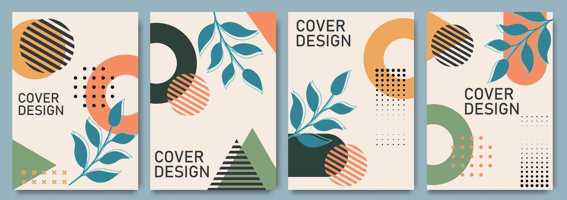 Modern summer vector cover design with copy space for text. Floral wall art vector set. Plant branches and abstract shapes. Modern design, poster or postcard template. Botanical design.