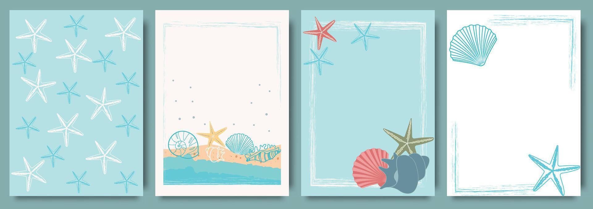 Geometric square summer frame with seashells. Summer holiday background, seamless pattern, frame. Vector illustration of waves, birds, seashells, starfish, water splashes