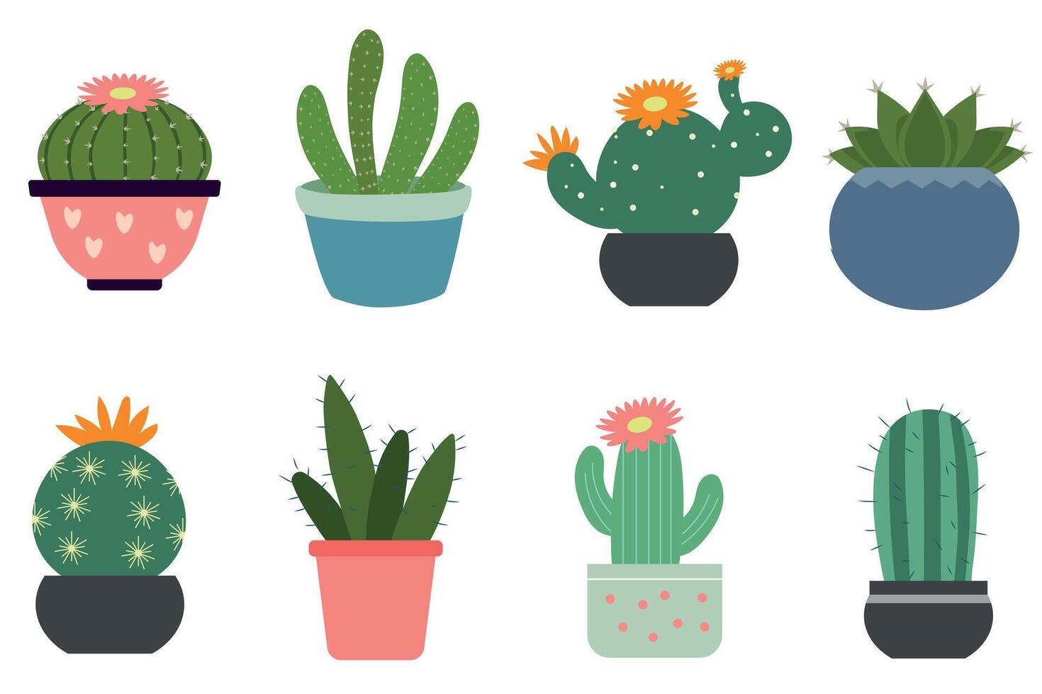 Cactus set. Desert spiny plant, mexico cacti flower and tropical home plants or arizona summer climate garden cactuses. Isolated element of nature desert flora, mexican garden bundle. vector