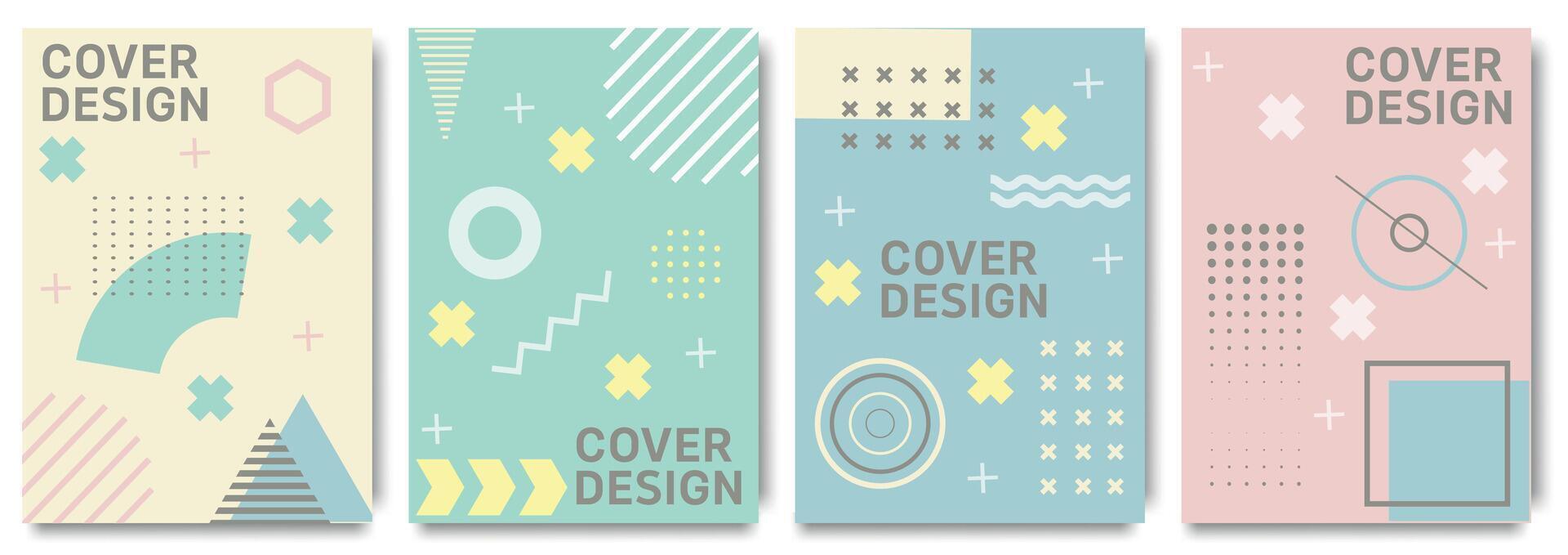 Abstract geometric memphis cover poster set. Geometric design, abstract background. Fashionable bright cover, banner, poster, booklet. vector