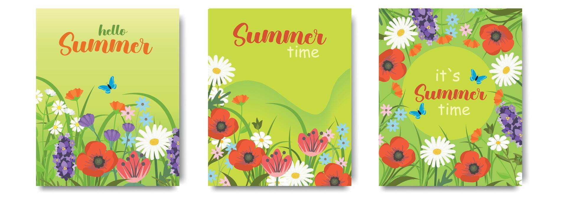 resumen mínimo verano póster, cubrir, tarjeta conjunto con flores silvestres y tipografía diseño. verano vacaciones, viaje, fondos de pantalla, pancartas, volantes, invitaciones, carteles vector
