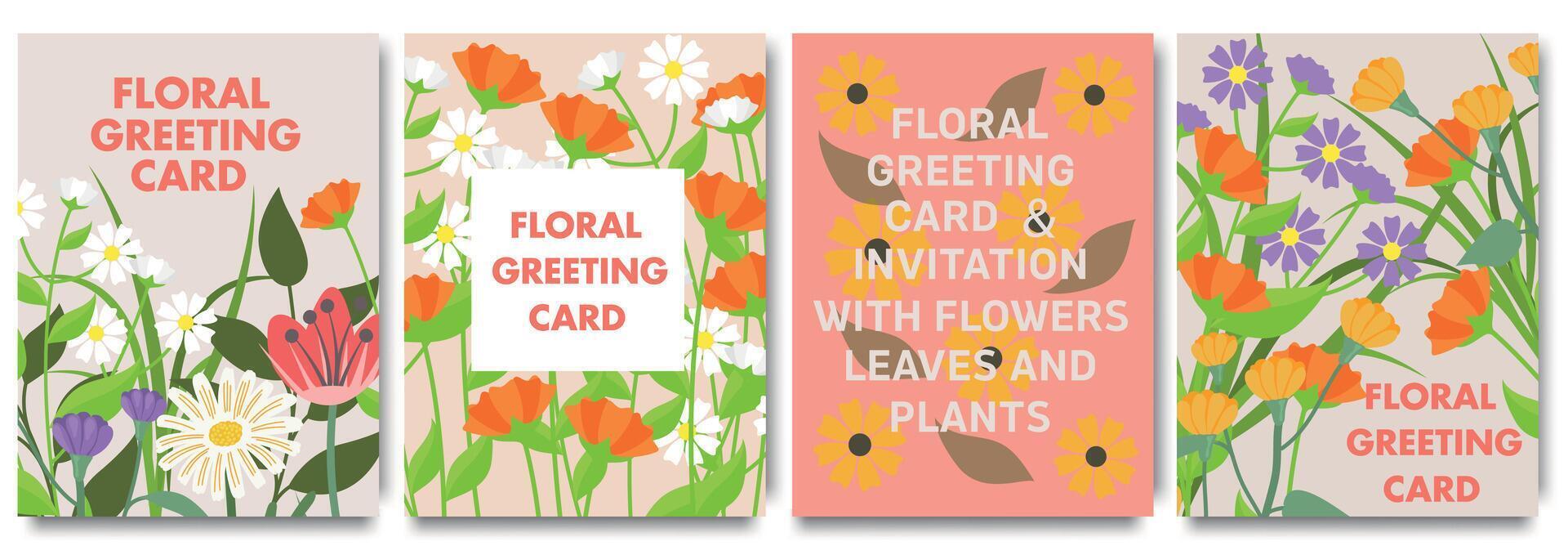 Floral greeting card. Vector illustrations of spring cute watercolor flowers, plants, leaves for invitation, pattern or background. Cover design for abstract greeting card, wedding invitation