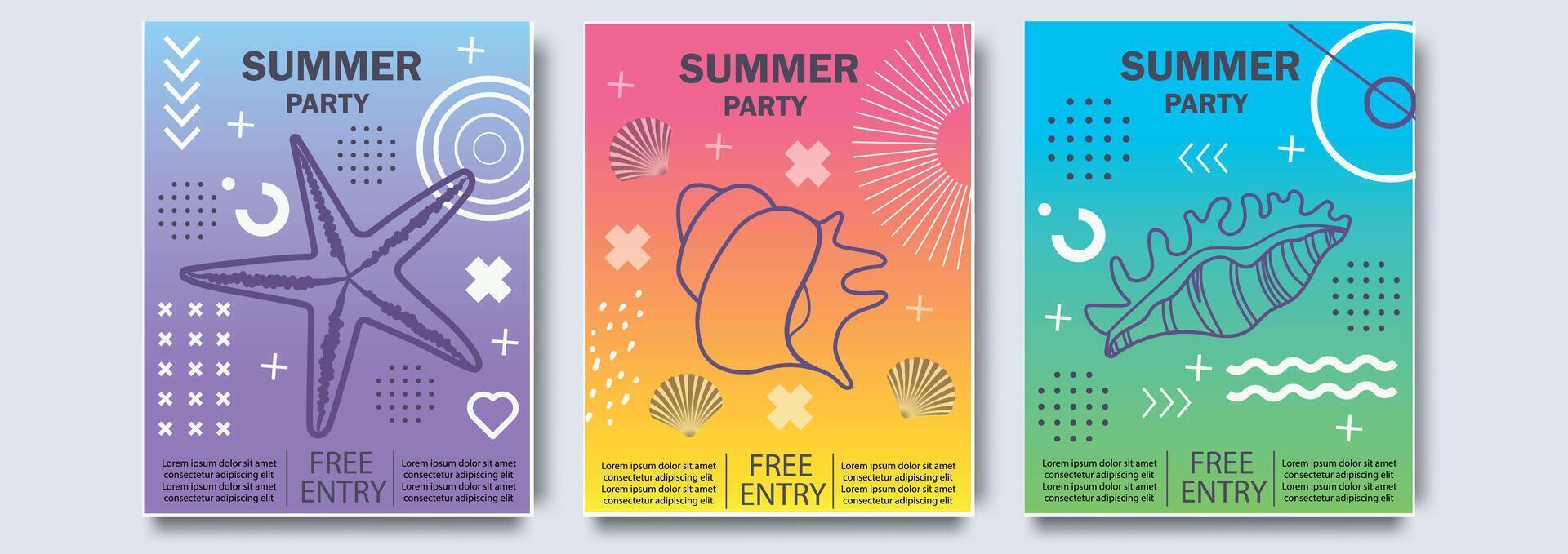 Colorful summer poster set in geometric style. Disco light neon art. Memphis prism trendy element on color background. Summer holidays, journey, vacation travel illustrations vector