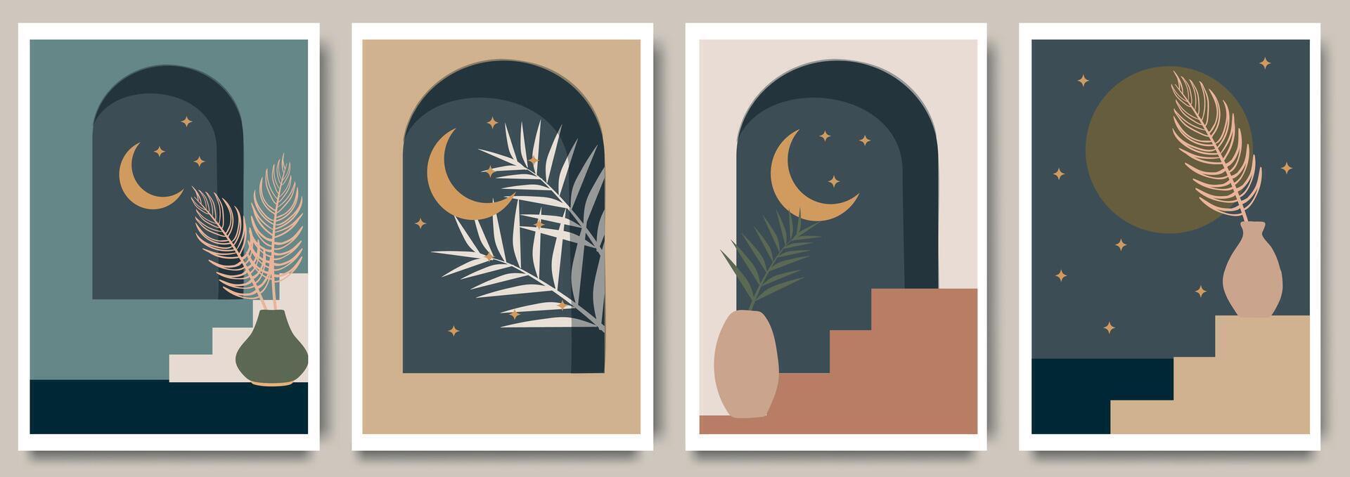 contemporáneo estético antecedentes con arco, noche paisaje, mar, estrellas, dorado Luna. tropical floral diseño. bohemio mínimo vector ilustración colocar, póster, pared arte, imprimir, cubrir.