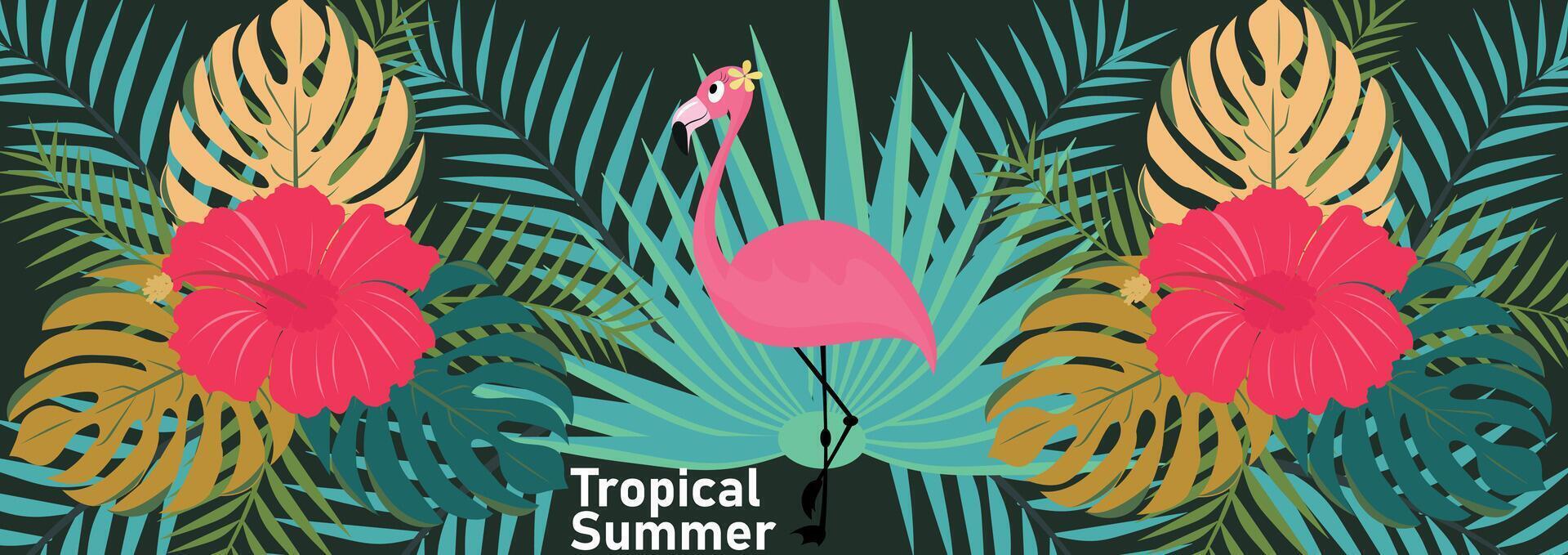 Summer tropical nature poster, web banner, cover, card with Tropical leaves, plants and flamingo. Vector modern floral illustrations print, palm leaf, monstera, fern, for background, label or banner