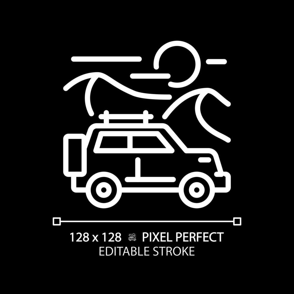 Desert jeep tour white linear icon for dark theme. Desert car. Touristic adventure. Adrenaline weekend. Thin line illustration. Isolated symbol for night mode. Editable stroke vector