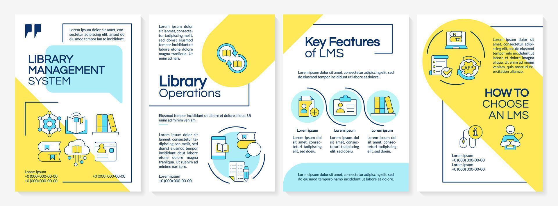 Library management benefits brochure template. RFID technology. Leaflet design with linear icons. Editable 4 vector layouts for presentation, annual reports