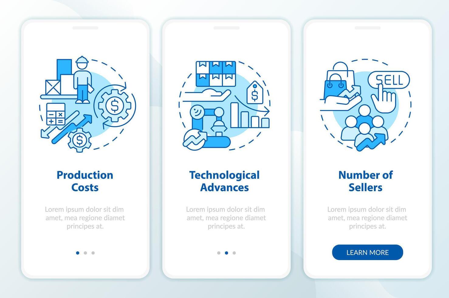 Production advanced blue onboarding mobile app screen. Supply law walkthrough 3 steps editable graphic instructions with linear concepts. UI, UX, GUI template vector