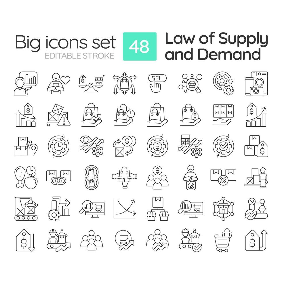 Microeconomics principles linear icons set. Law of supply and demand. Goods determined by supply and demand. Customizable thin line symbols. Isolated vector outline illustrations. Editable stroke