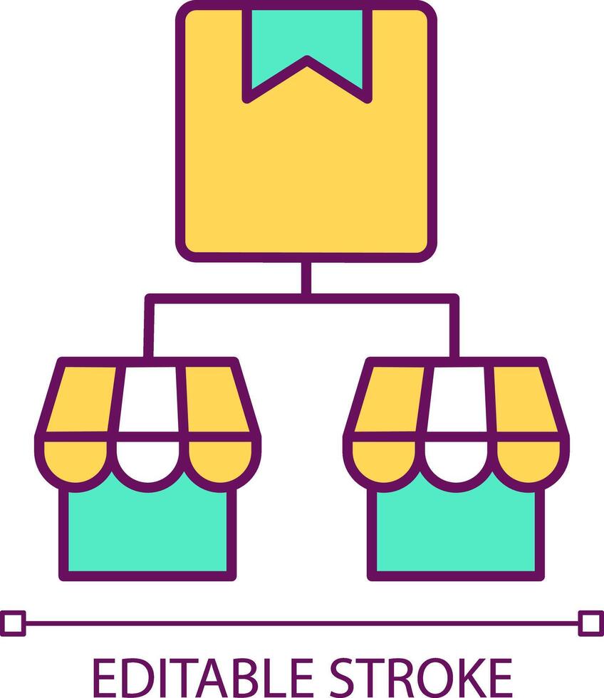 Composite supply RGB color icon. Goods distribution system. Supply for several markets. Isolated vector illustration. Simple filled line drawing. Editable stroke