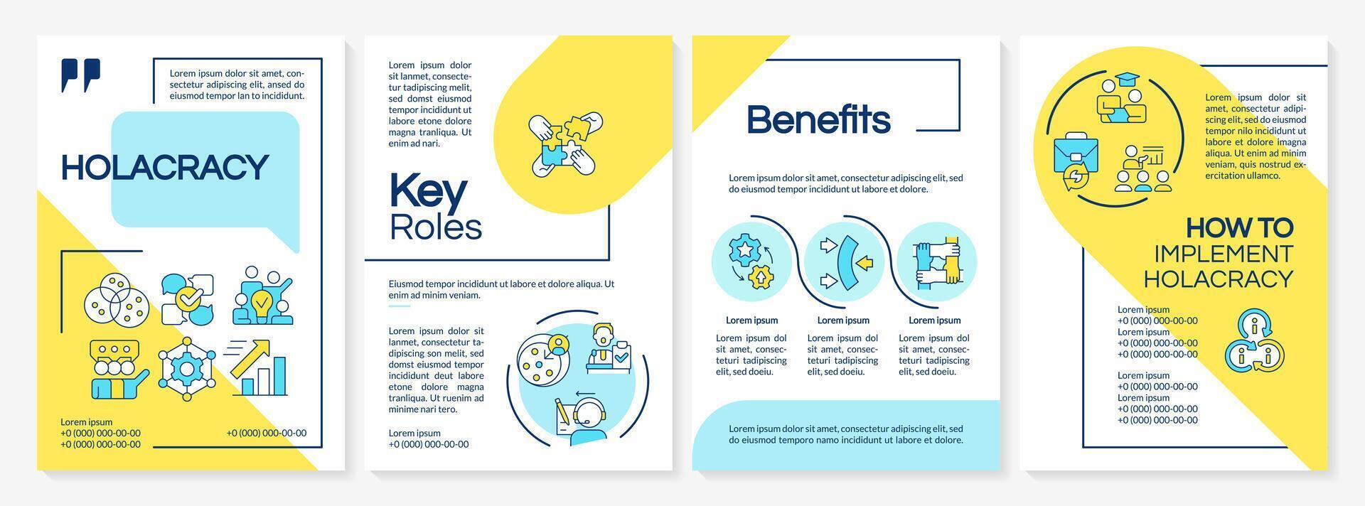 Holacracy structure blue and yellow brochure template. Benefits. Leaflet design with linear icons. Editable 4 vector layouts for presentation, annual reports