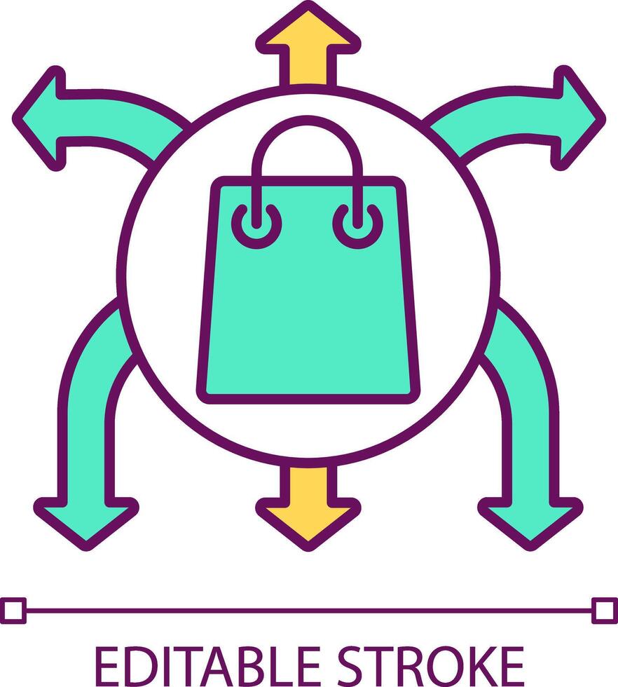 Multiple needs product RGB color icon. Supply for several markets. Share goods. Isolated vector illustration. Simple filled line drawing. Editable stroke